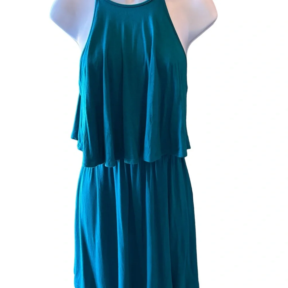 American Eagle Aqua Dress Spaghetti Straps Ruffle Top Open Back Halter Size XS